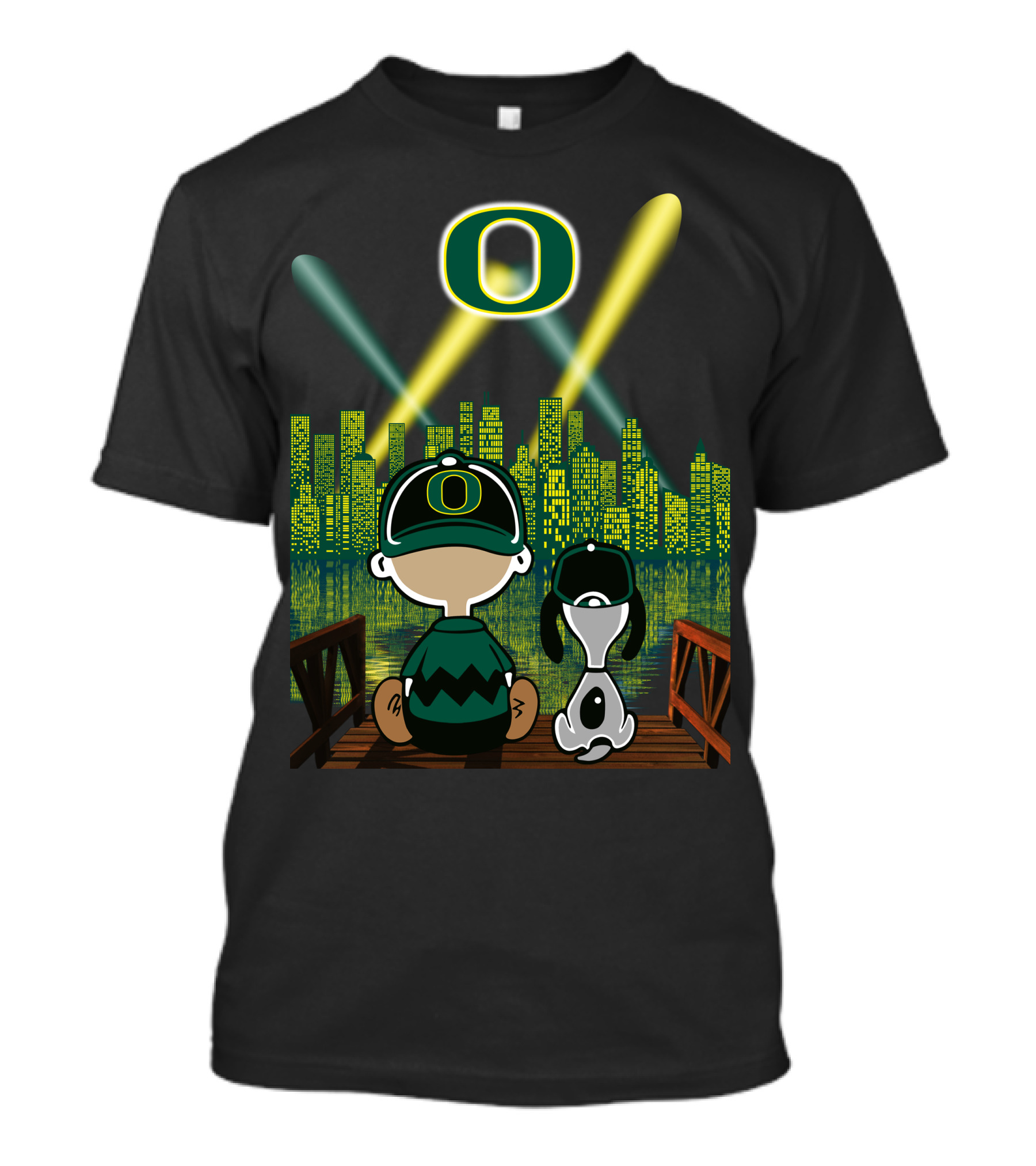 Oregon Ducks Nighttime Cityscape With Cartoon Characters And Stadium Lights T-Shirt