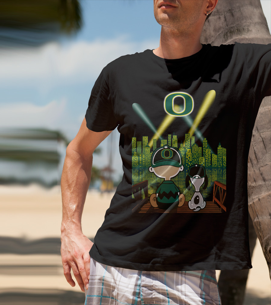 Oregon Ducks Nighttime Cityscape With Cartoon Characters And Stadium Lights T-Shirt