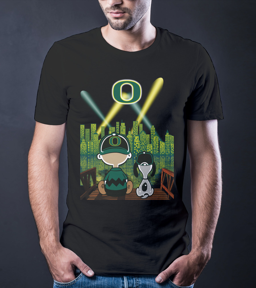 Oregon Ducks Nighttime Cityscape With Cartoon Characters And Stadium Lights T-Shirt
