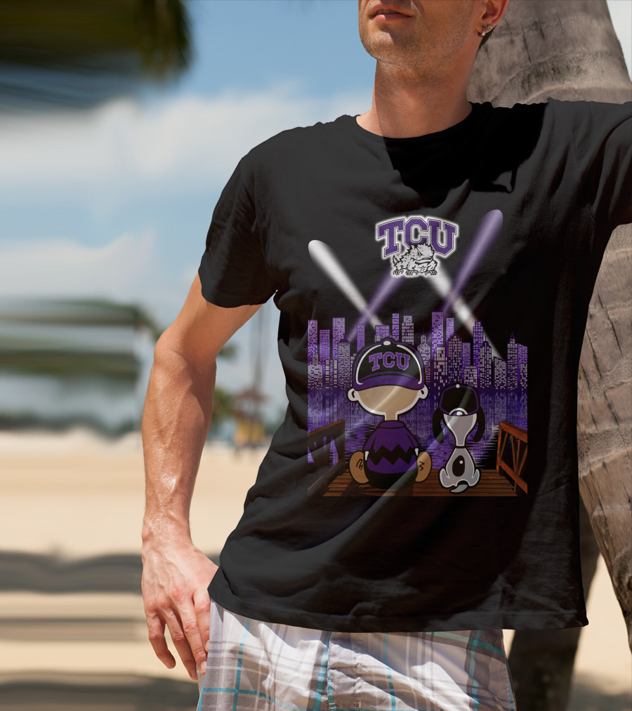 Tcu Horned Frogs City Skyline Night Scene With Mascot And Dog T-Shirt