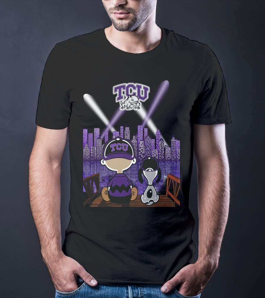 Tcu Horned Frogs City Skyline Night Scene With Mascot And Dog T-Shirt