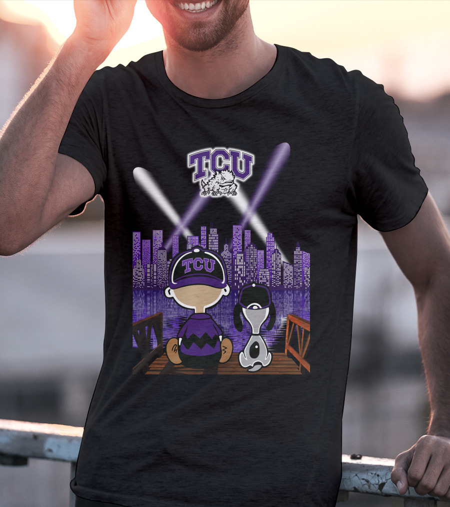 Tcu Horned Frogs City Skyline Night Scene With Mascot And Dog T-Shirt