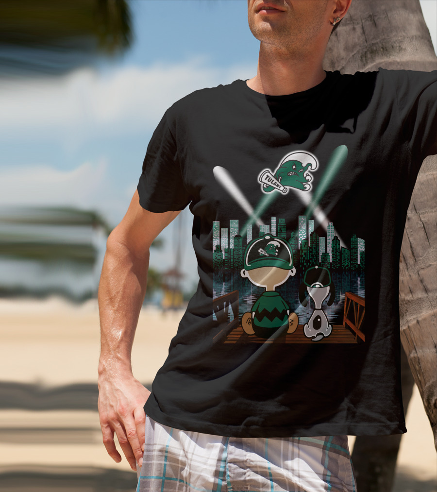 Tulane Green Wave City Skyline Featuring Iconic Characters And Baseball Cap Logo By Night T-Shirt