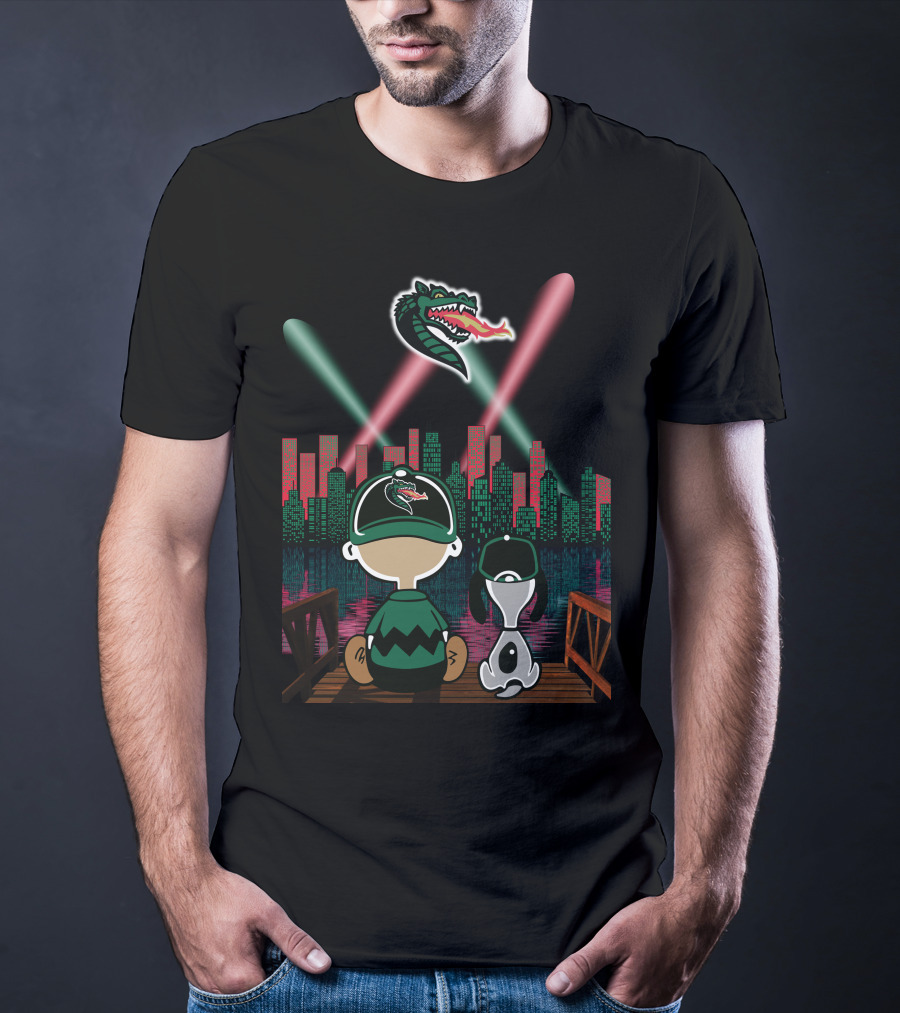 Uab Blazers Dragon Logo Over City Skyline With Cartoon Characters On Bridge At Night T-Shirt