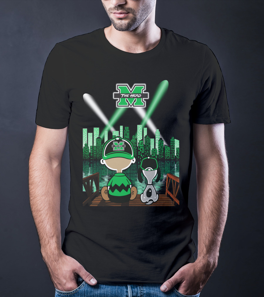 Marshall Thundering Herd Night Cityscape With Mascot And Dog On Bridge T-Shirt