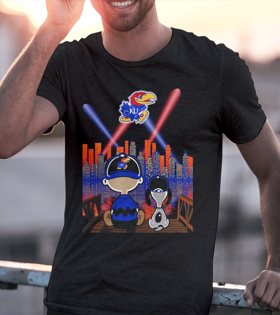 Kansas Jayhawks City Skyline Night Reflections With Mascot And Dog T-Shirt