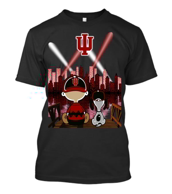 Indiana Hoosiers Nighttime City Skyline With Iconic Characters T-Shirt
