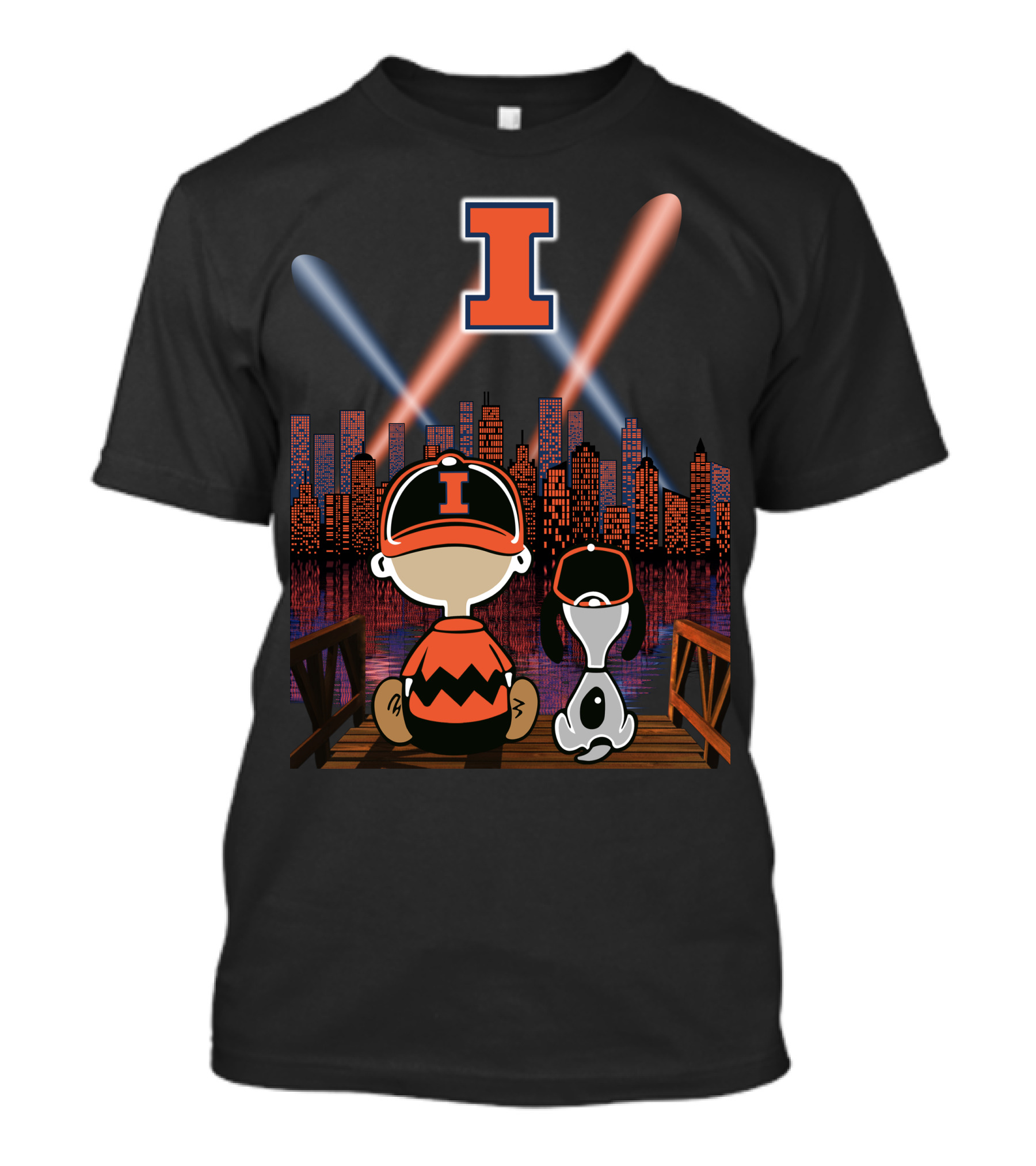 Illinois Fighting Illini Cityscape Nighttime Scene With Iconic Characters And Letter I T-Shirt