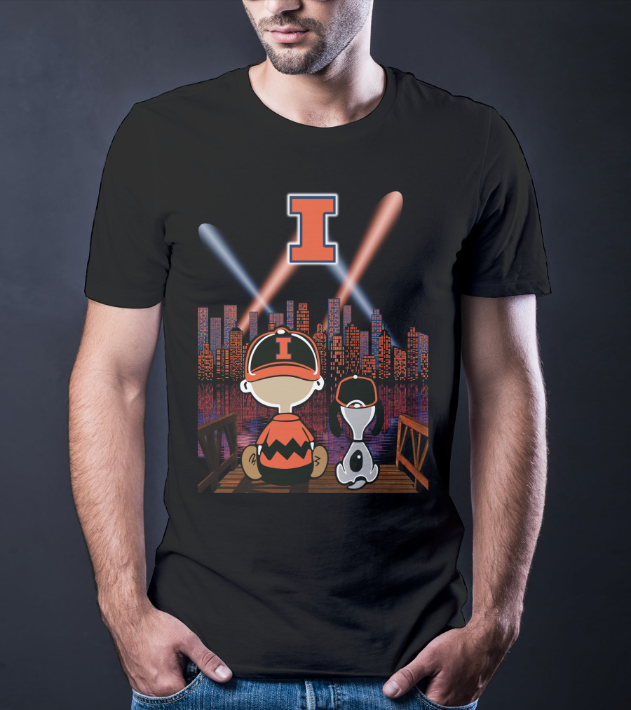 Illinois Fighting Illini Cityscape Nighttime Scene With Iconic Characters And Letter I T-Shirt