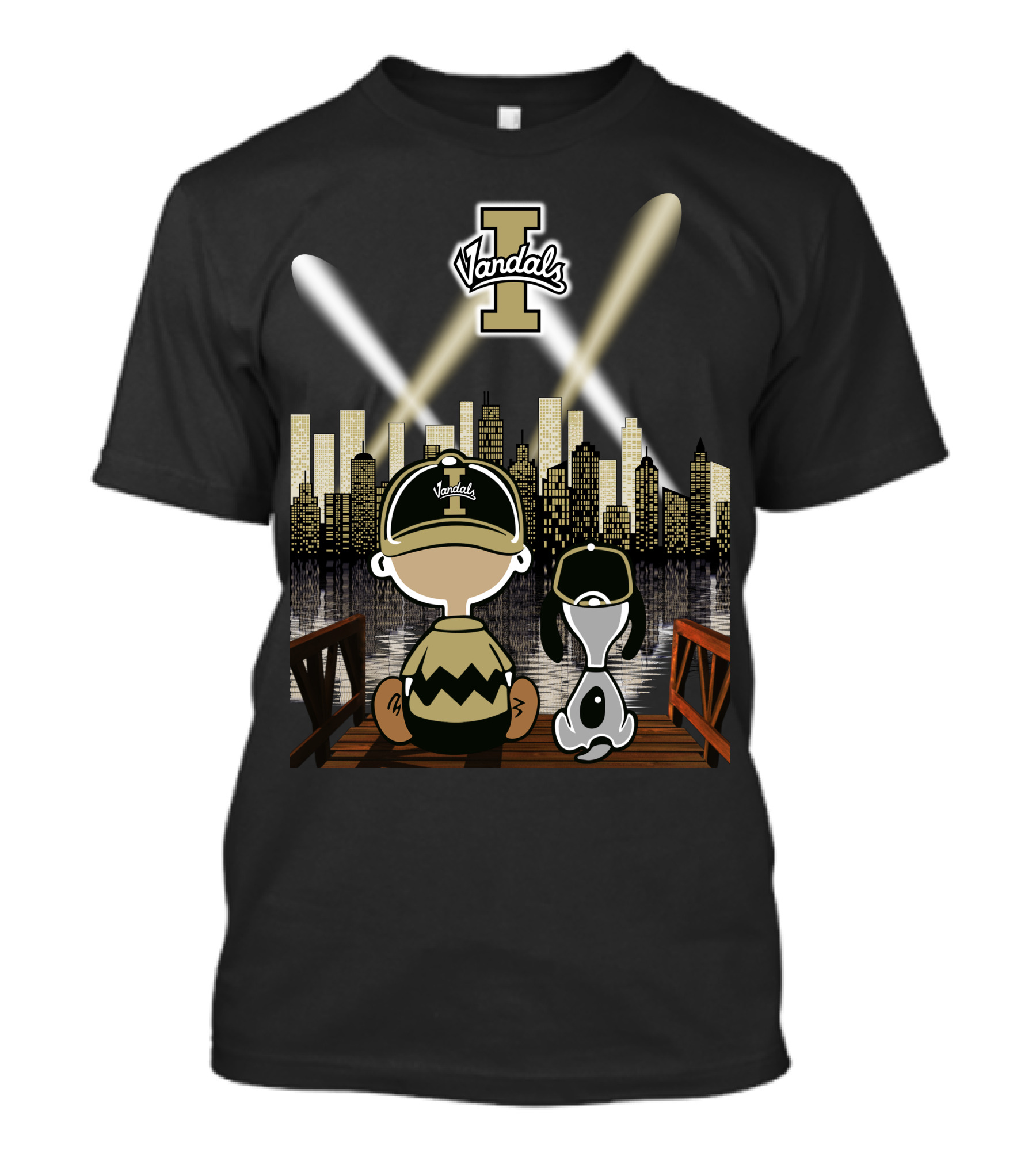 Vandals Idaho City Skyline At Night With Cartoon Characters T-Shirt