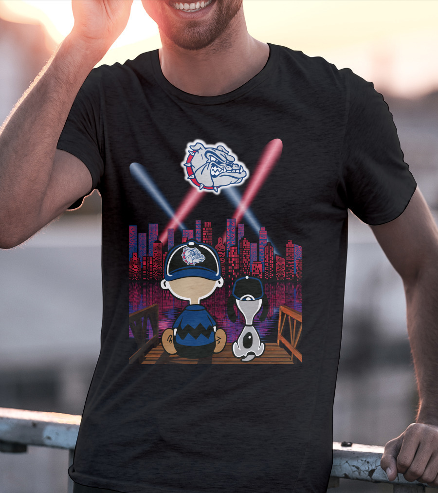 Gonzaga Bulldogs Night Cityscape With Skyline And Cartoon Characters T-Shirt