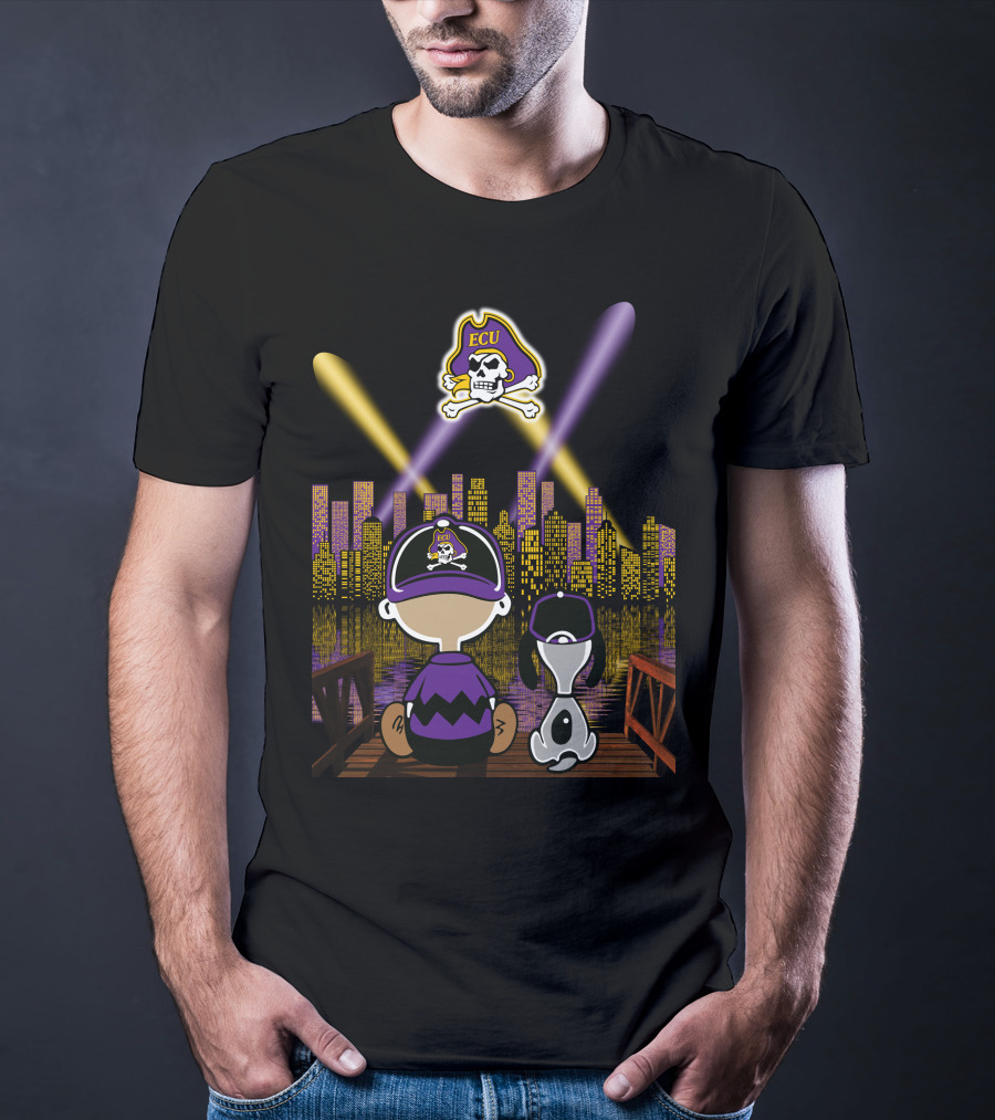 East Carolina Pirates Night Cityscape With Ecu Skull Logo And Characters T-Shirt