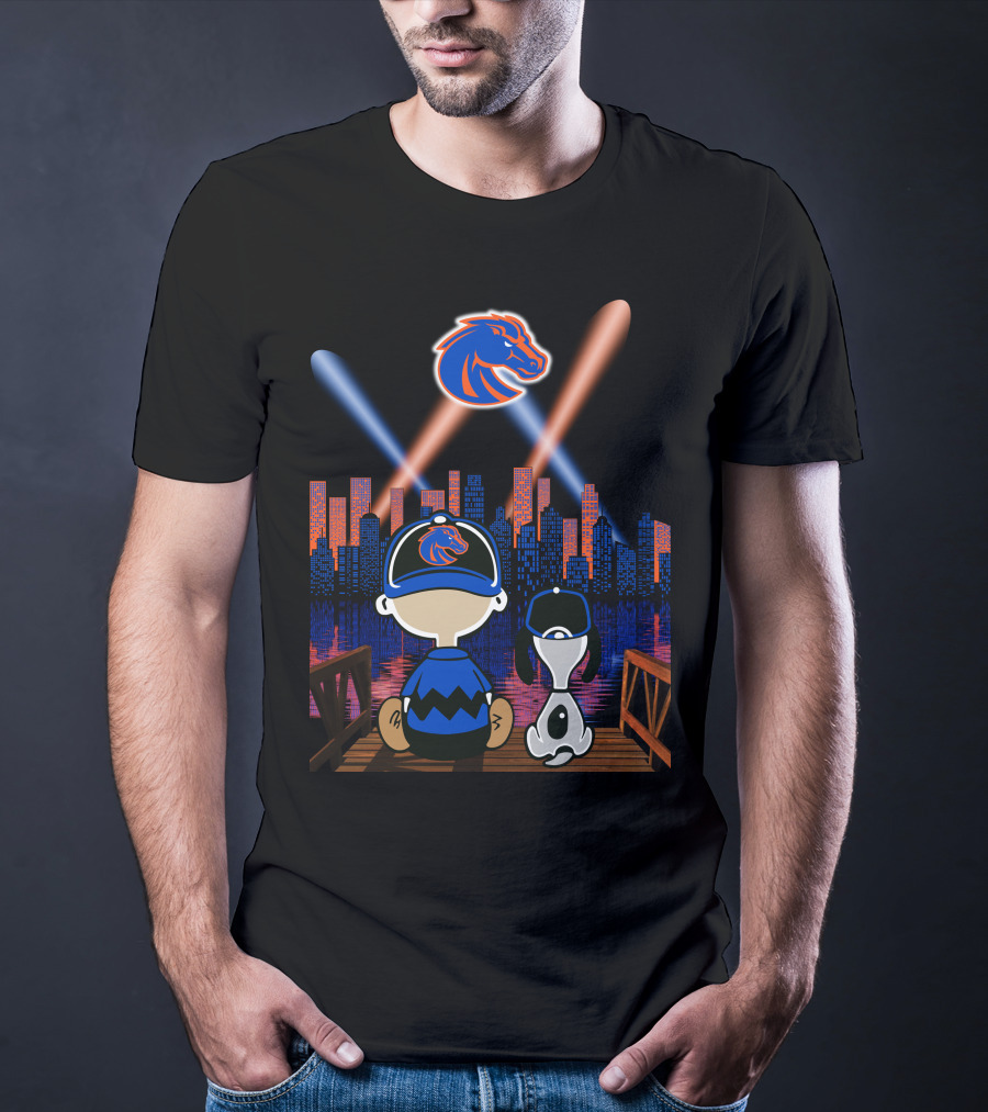 Boise State Broncos City Night Skyline With Cartoon Characters T-Shirt