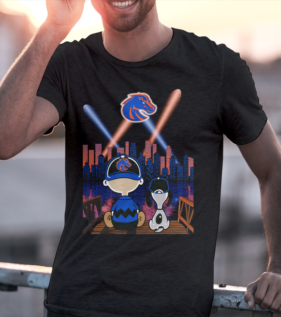 Boise State Broncos City Night Skyline With Cartoon Characters T-Shirt