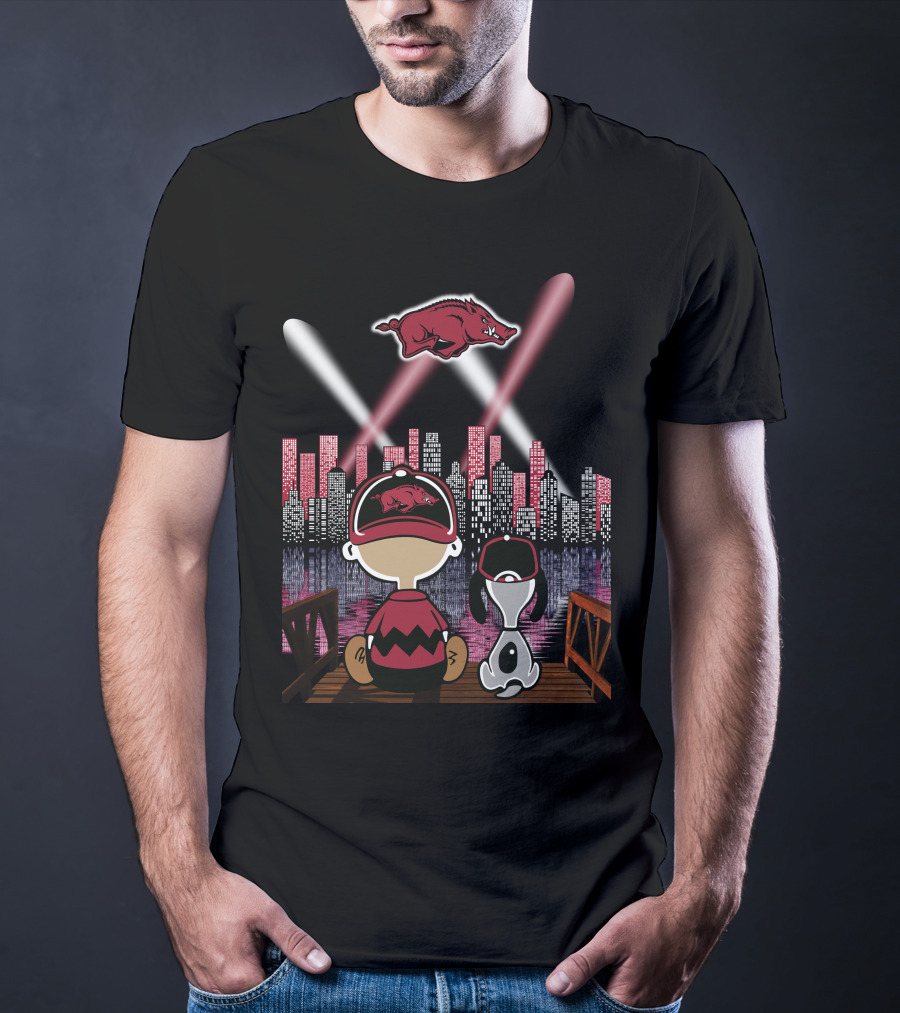 Arkansas Razorbacks '94 Skyline Night Scene With Cartoon Characters And Spotlights T-Shirt