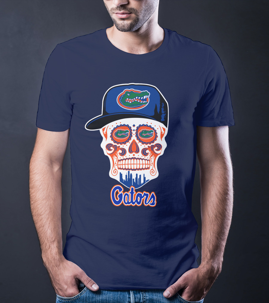 Florida Gators Skull With Alligator Logo And Hat Blue Orange T-Shirt