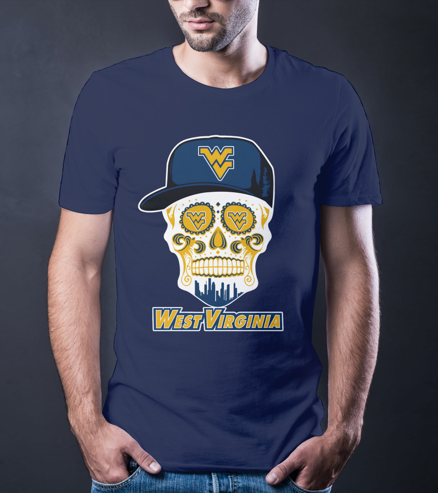 West Virginia Mountaineers Skull Design With Wv Cap And Skyline T-Shirt