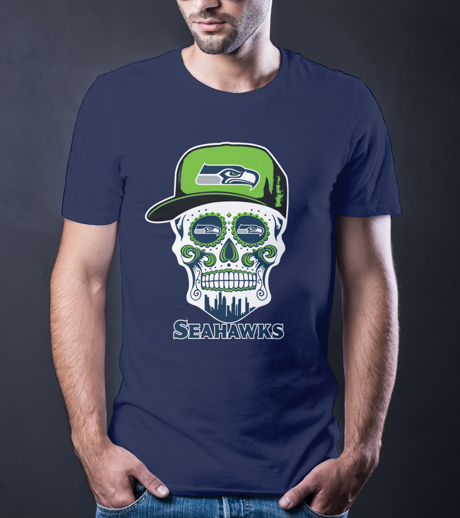 Seattle Seahawks Skull Art With Team Logo And Skyline T-Shirt