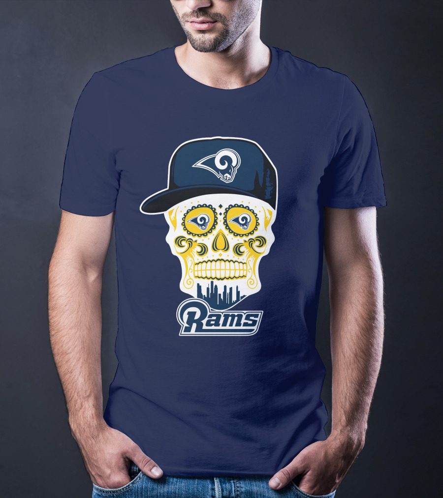 Los Angeles Rams Skull Iconic Rams Logo In Cap Funny T-Shirt