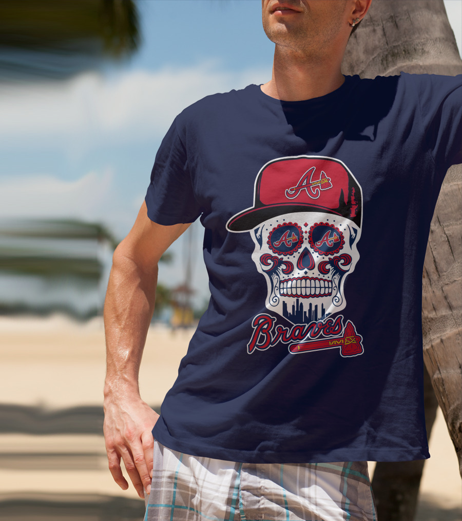 Atlanta Braves Skull With Baseball Cap And Tomahawk T-Shirt