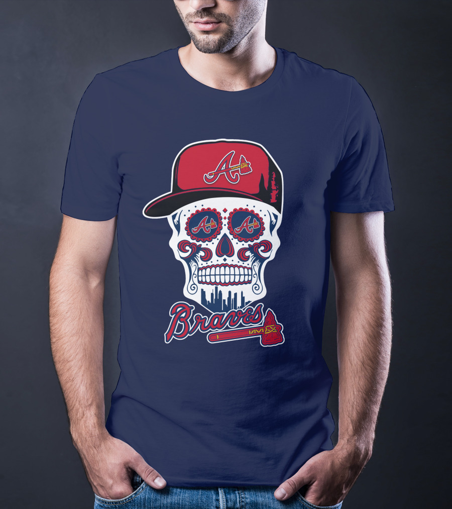 Atlanta Braves Skull With Baseball Cap And Tomahawk T-Shirt