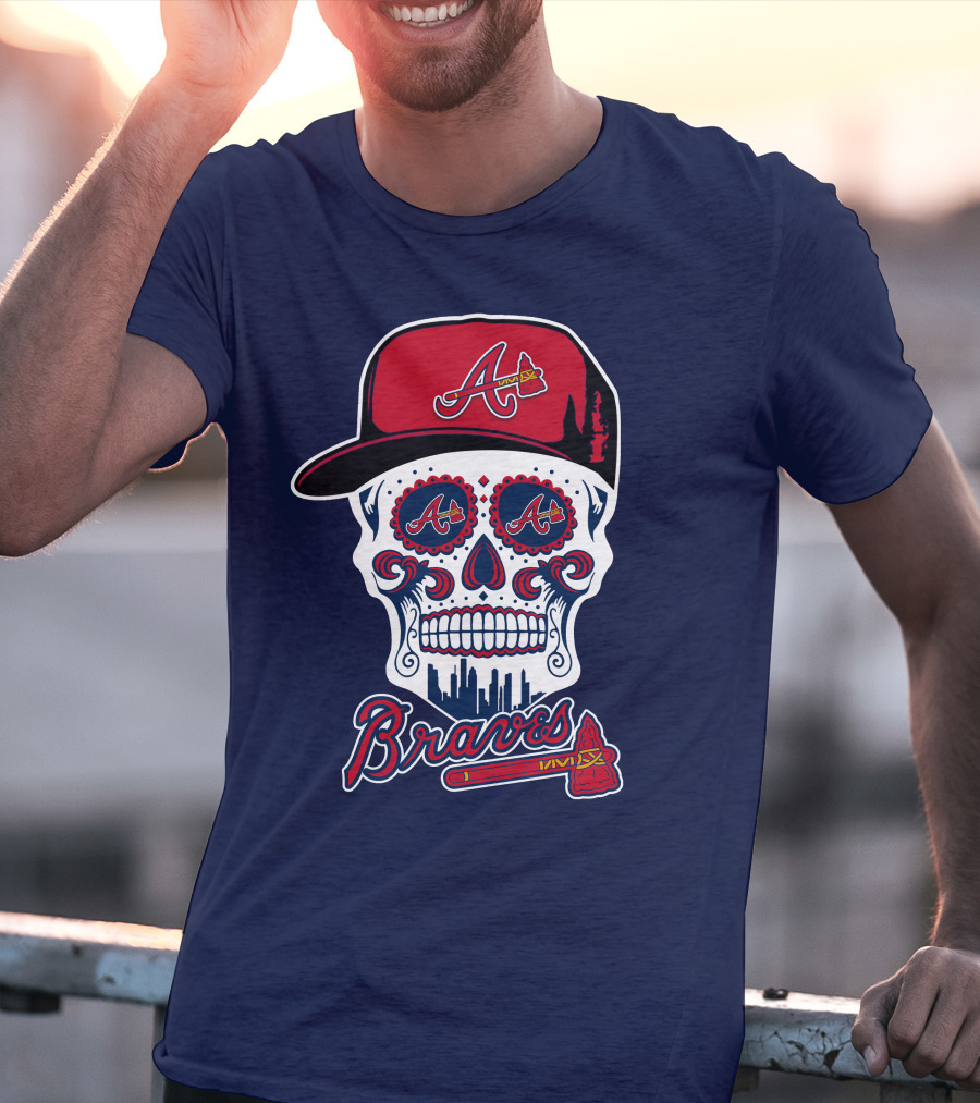 Atlanta Braves Skull With Baseball Cap And Tomahawk T-Shirt