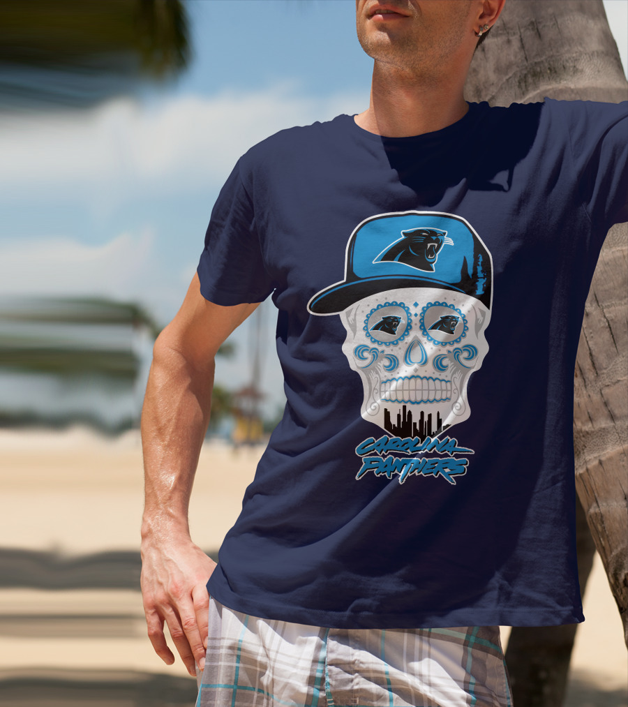 Carolina Panthers Skull Design With Panther Eyes And Cap T-Shirt