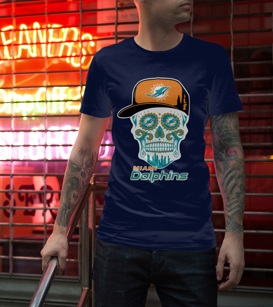 Miami Dolphins Sugar Skull Cap Art T-Shirt
