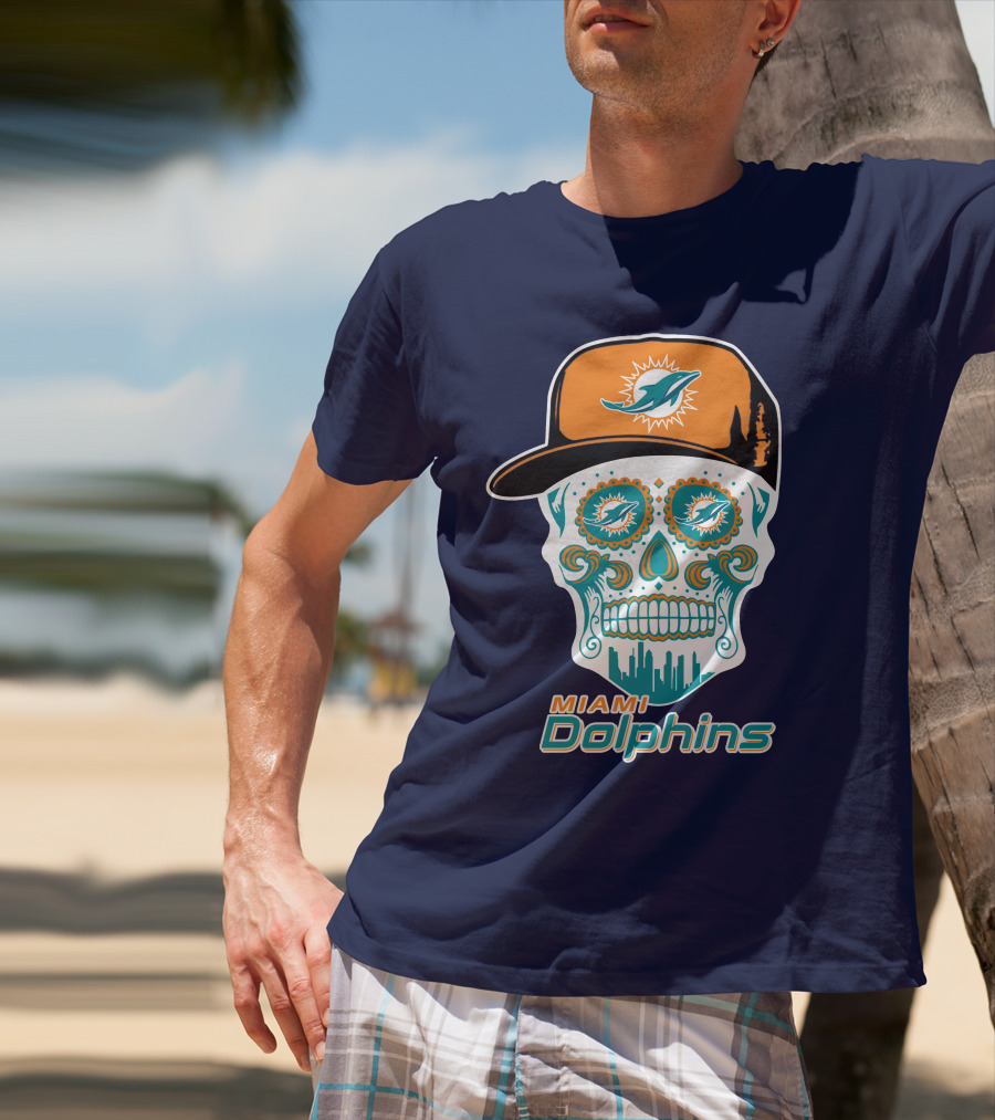 Miami Dolphins Sugar Skull Cap Art T-Shirt