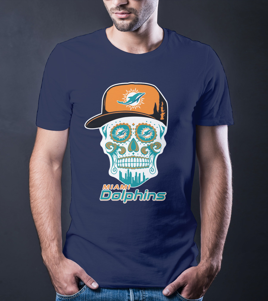 Miami Dolphins Sugar Skull Cap Art T-Shirt