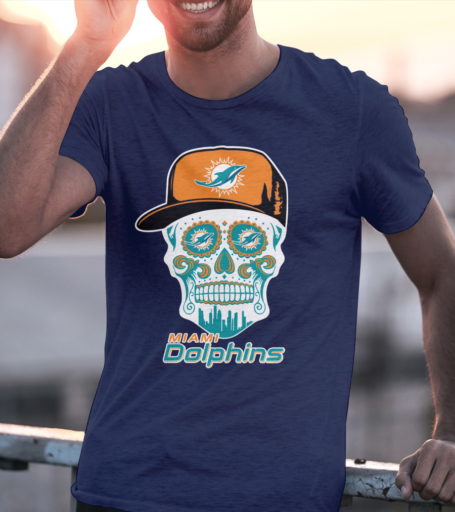 Miami Dolphins Sugar Skull Cap Art T-Shirt