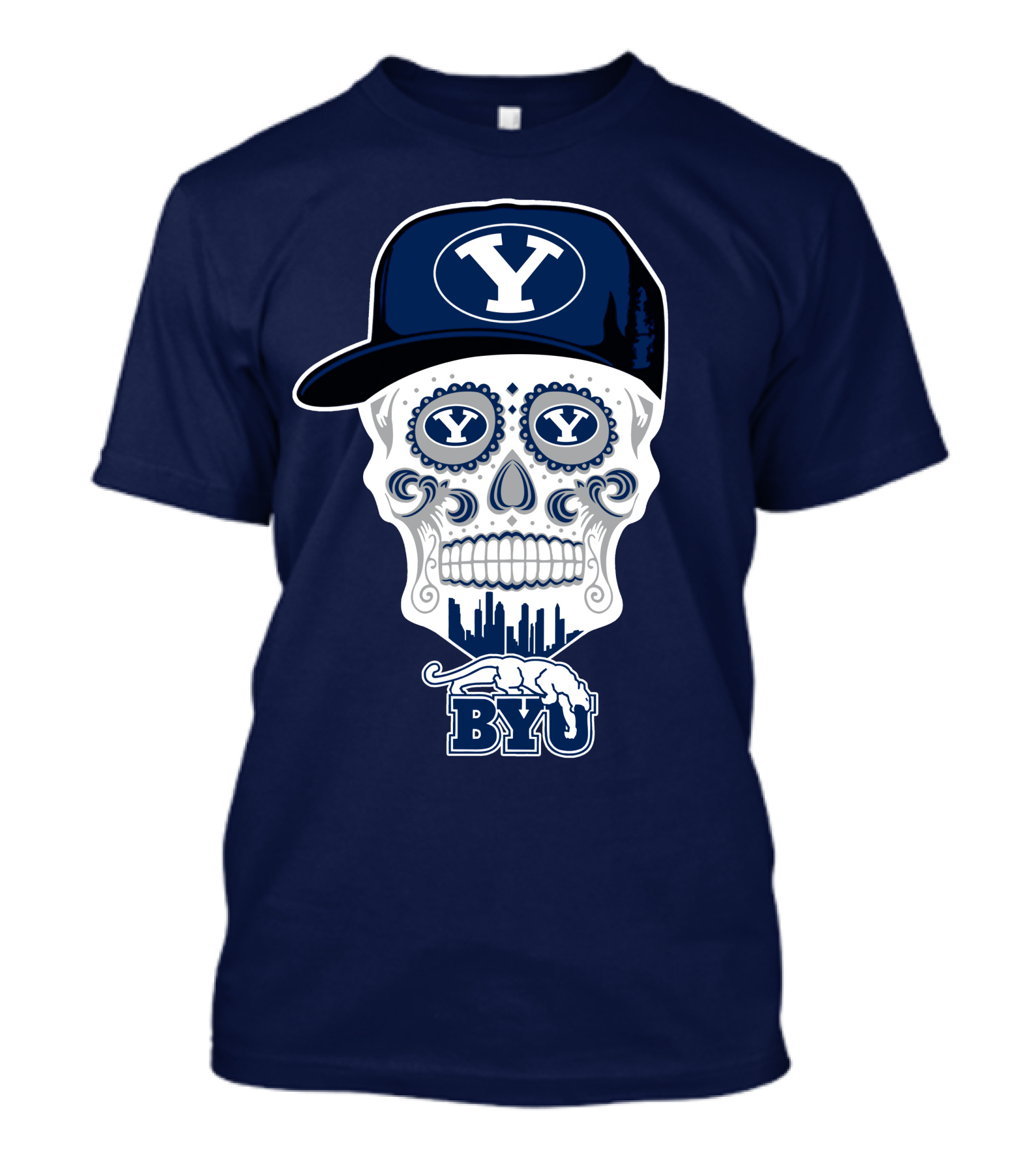 Byu Cougars Skull With Y Hat And Cityscape T-Shirt