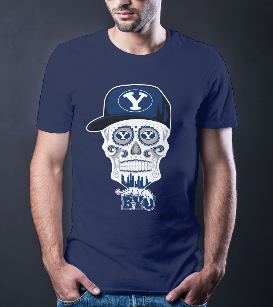 Byu Cougars Skull With Y Hat And Cityscape T-Shirt