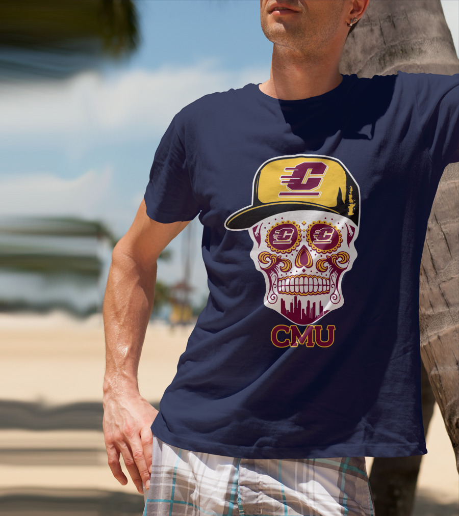 Cmu Central Michigan Chippewas Skull Logo With Cap And City Skyline T-Shirt