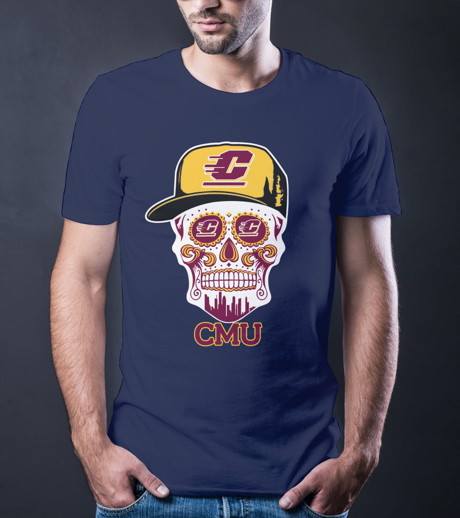 Cmu Central Michigan Chippewas Skull Logo With Cap And City Skyline T-Shirt