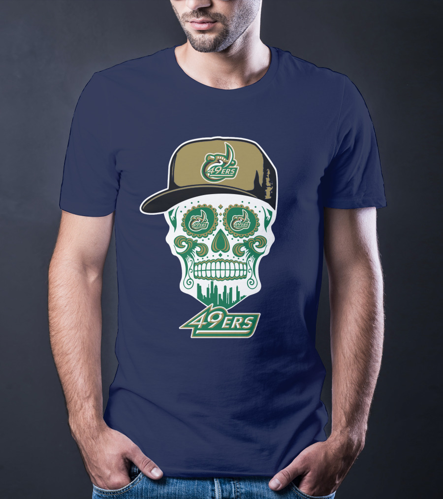 Charlotte 49ers Sugar Skull Green And Gold Logo With Hat T-Shirt