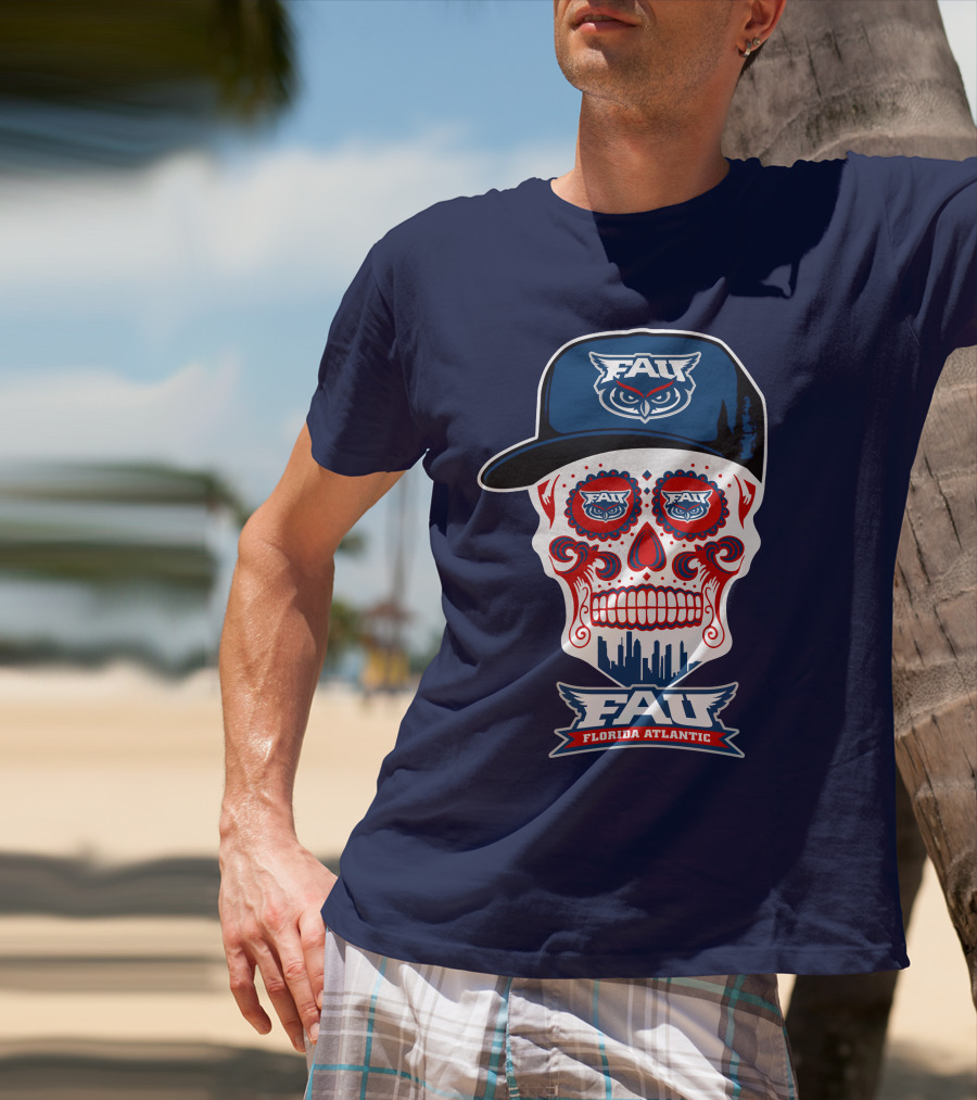 Fau Florida Atlantic Owls Sugar Skull With Cap T-Shirt