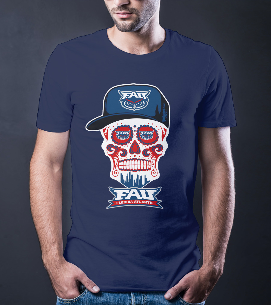 Fau Florida Atlantic Owls Sugar Skull With Cap T-Shirt