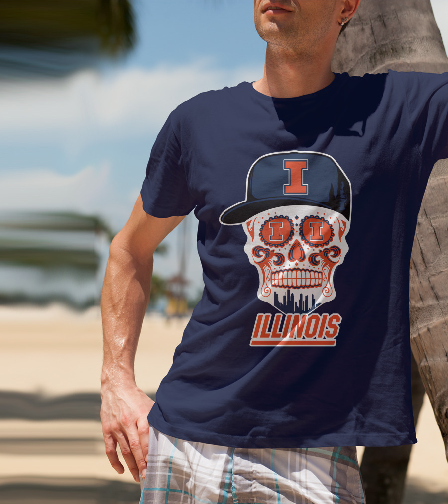 Illinois Fighting Illini Skull With Cap And Skyline T-Shirt