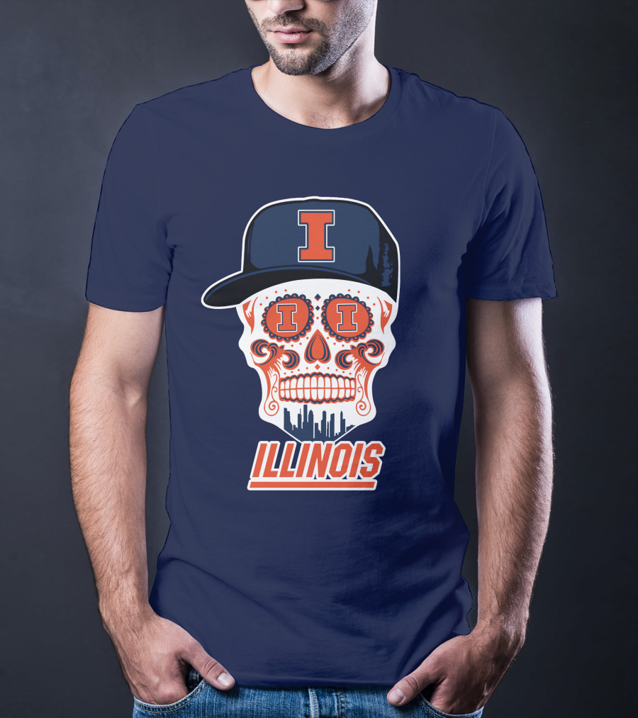 Illinois Fighting Illini Skull With Cap And Skyline T-Shirt