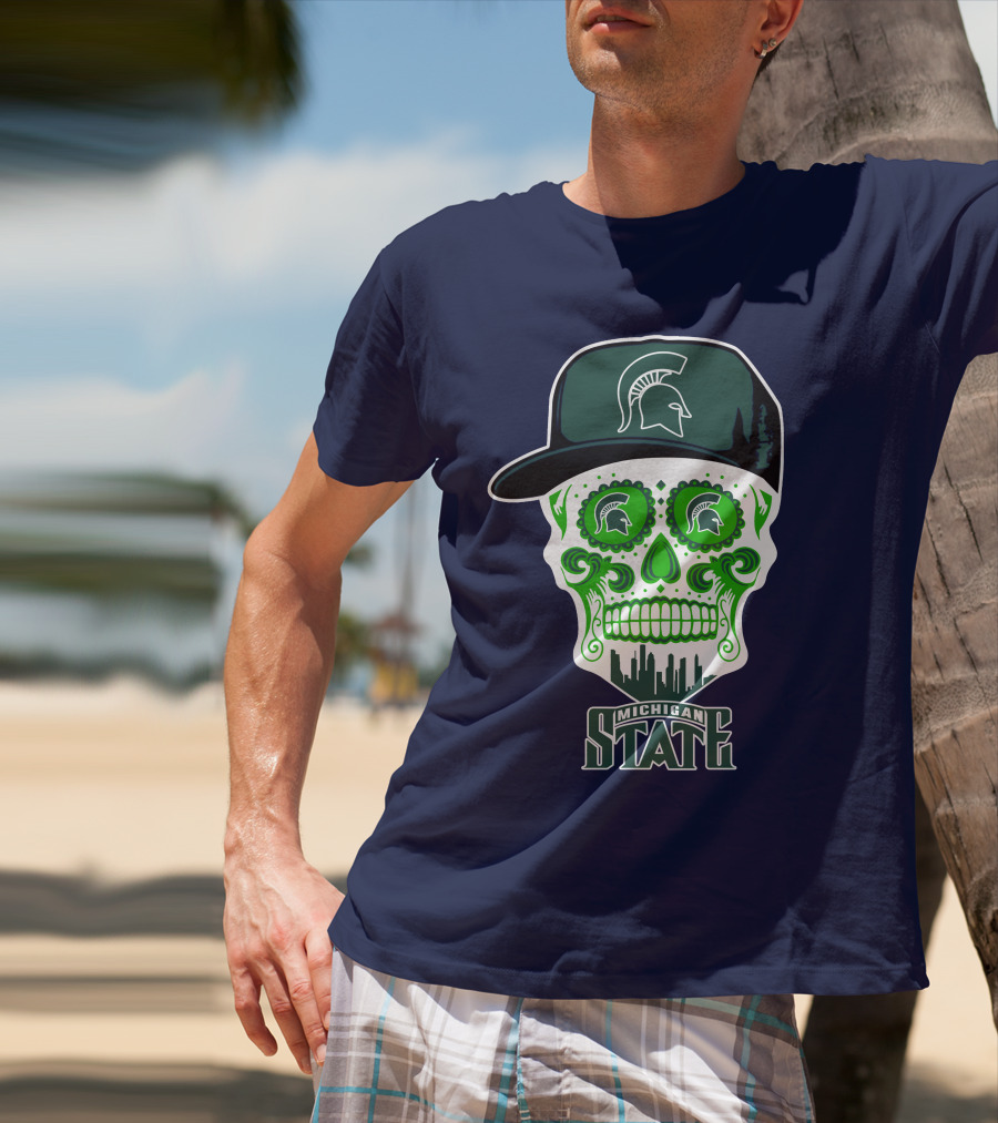 Michigan State Spartans Sugar Skull With Spartan Helmet Icon And City Skyline T-Shirt