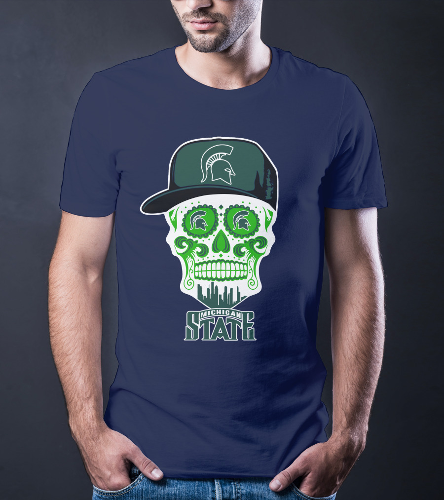 Michigan State Spartans Sugar Skull With Spartan Helmet Icon And City Skyline T-Shirt