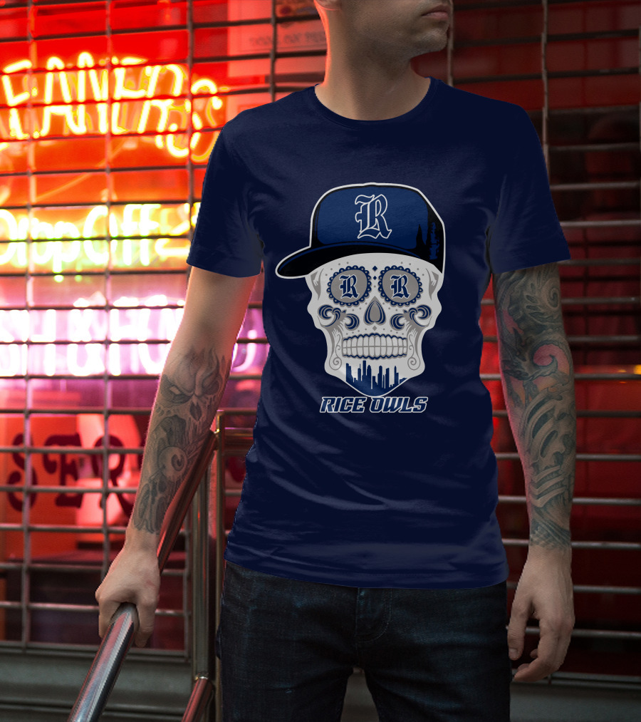 Rice Owls Skull With Cap And City Skyline T-Shirt