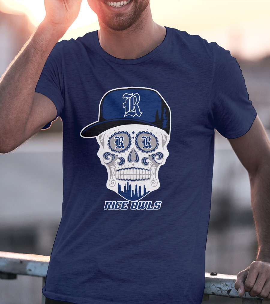 Rice Owls Skull With Cap And City Skyline T-Shirt