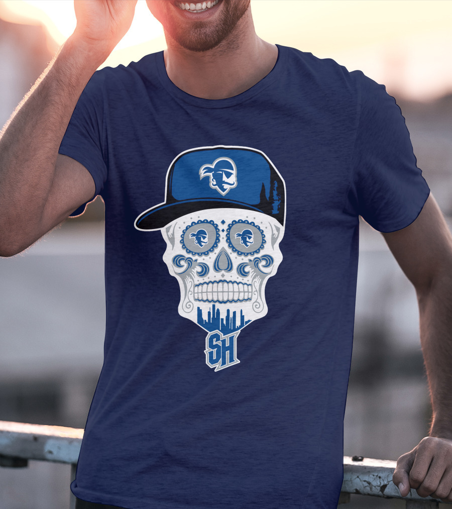 Seton Hall Pirates Sugar Skull Design With Pirate Cap And Sh T-Shirt