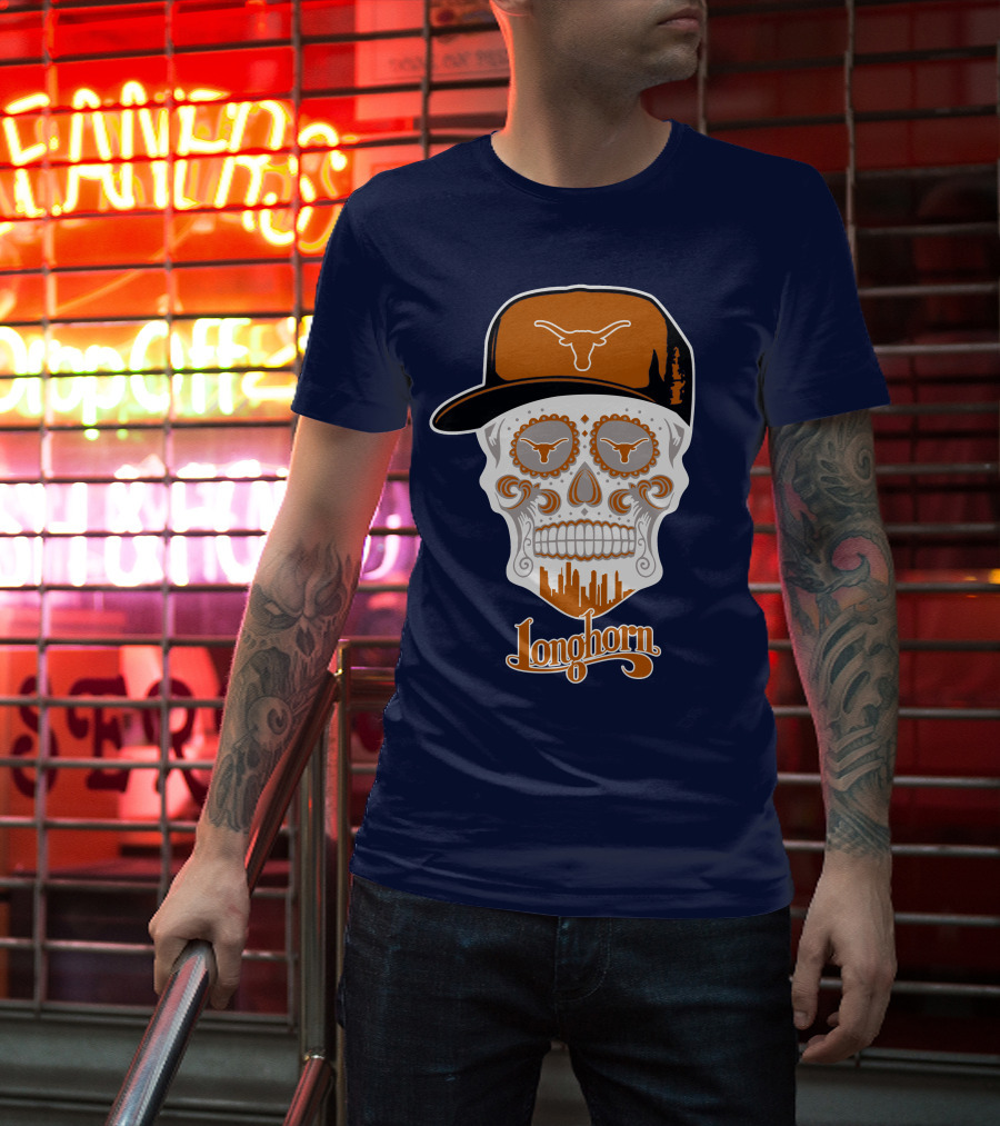 Longhorns Skull With Texas Longhorns Cap And Austin Skyline T-Shirt