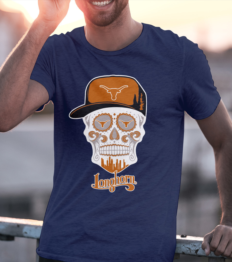 Longhorns Skull With Texas Longhorns Cap And Austin Skyline T-Shirt