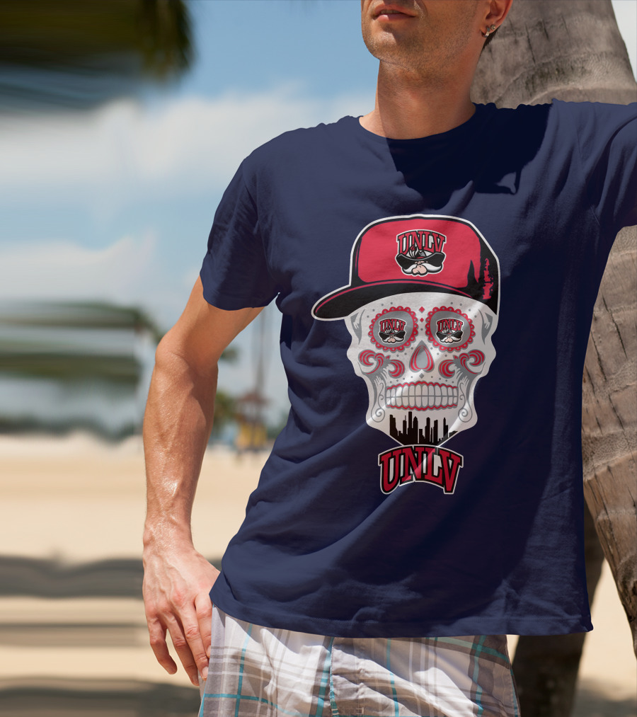 Unlv Rebels Skull With Cap Design Featuring Mascot Logo And Skyline T-Shirt
