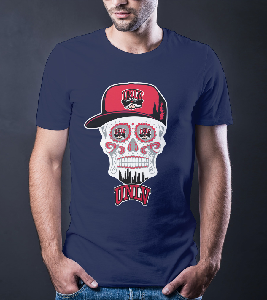 Unlv Rebels Skull With Cap Design Featuring Mascot Logo And Skyline T-Shirt