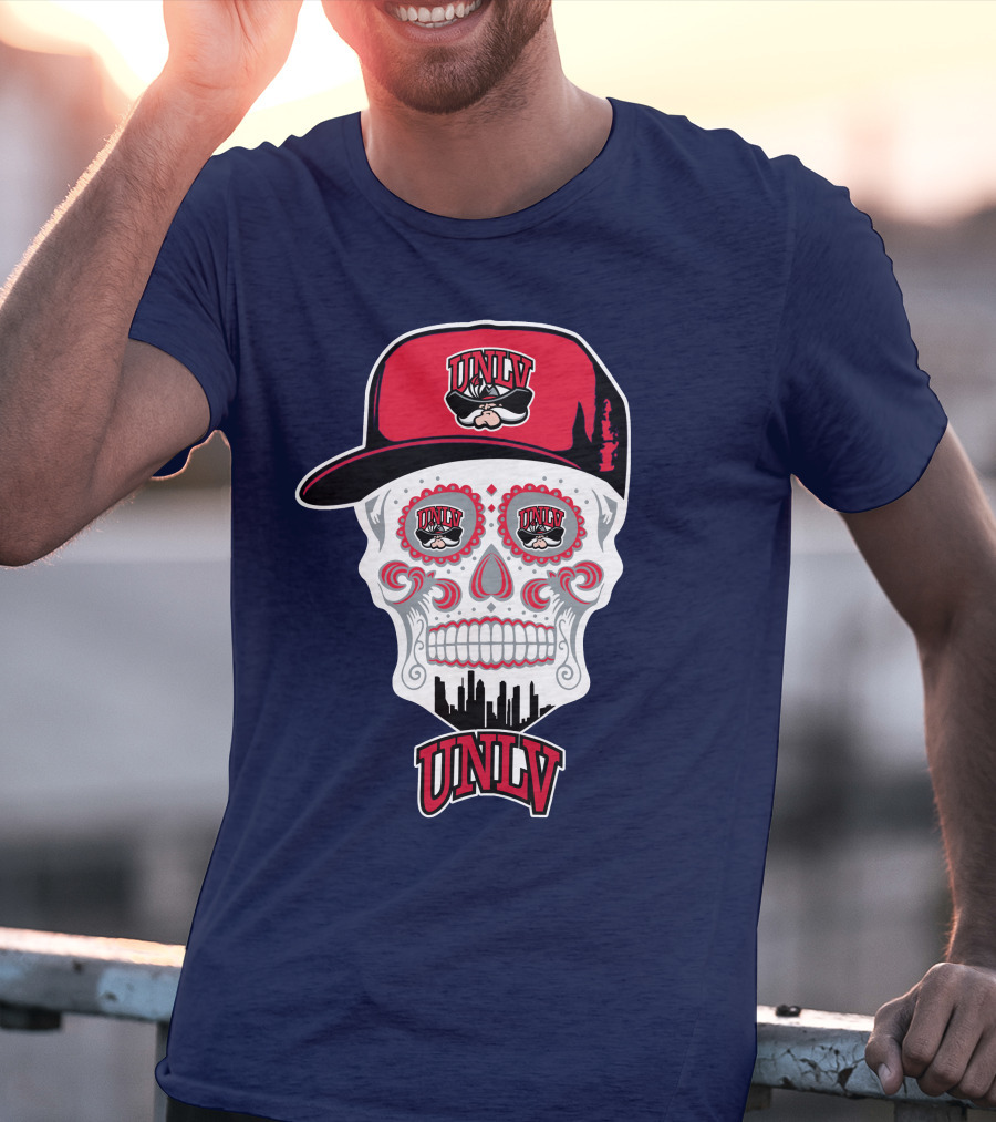 Unlv Rebels Skull With Cap Design Featuring Mascot Logo And Skyline T-Shirt